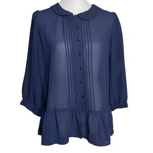 Pintucked Pan Collar Blouse L Button-Up Chiffon Shirt Flowy Boxy